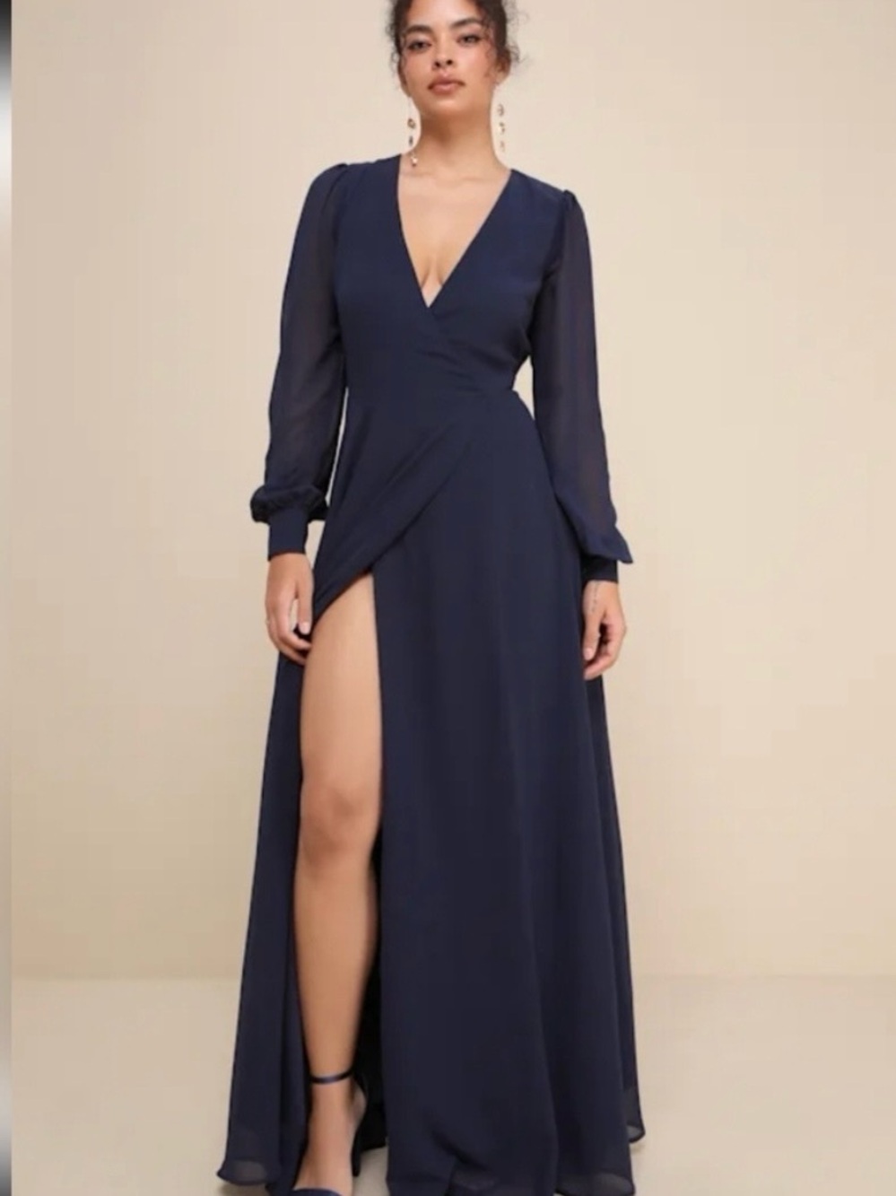 Lulus My Whole Heart Dark Navy Blue Long Sleeve Wrap Maxi Dress - Size L